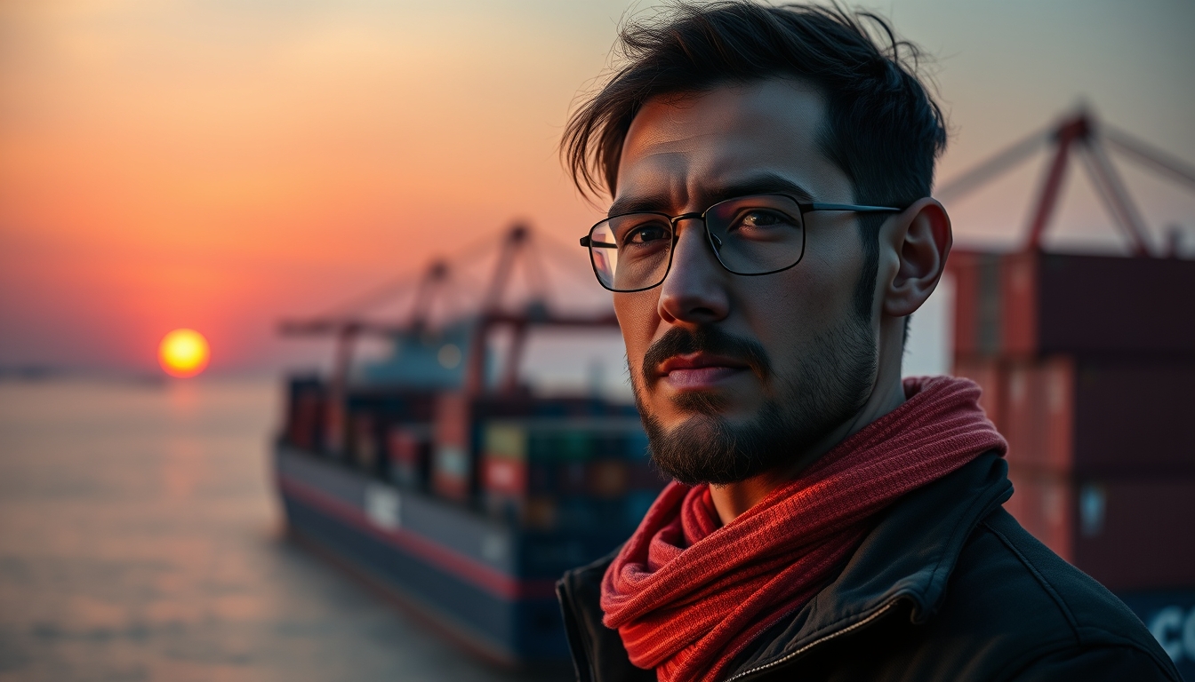 cargo ship at sunset in editorial style