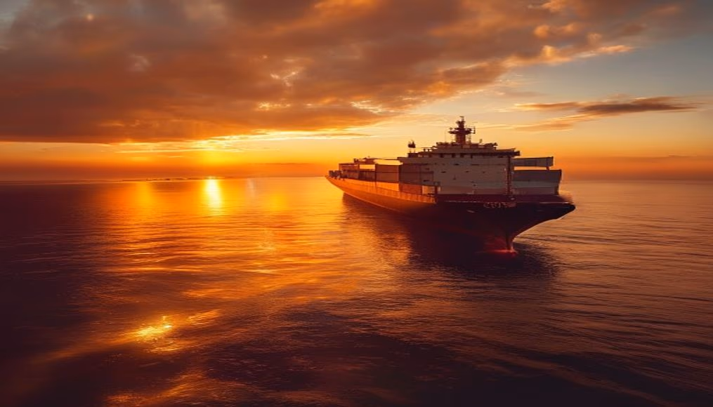 cargo ship at sunset in editorial style