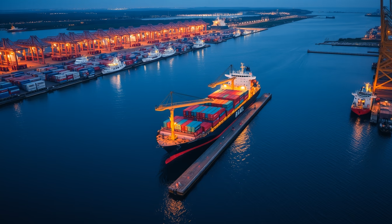 cargo ship docking in editorial style