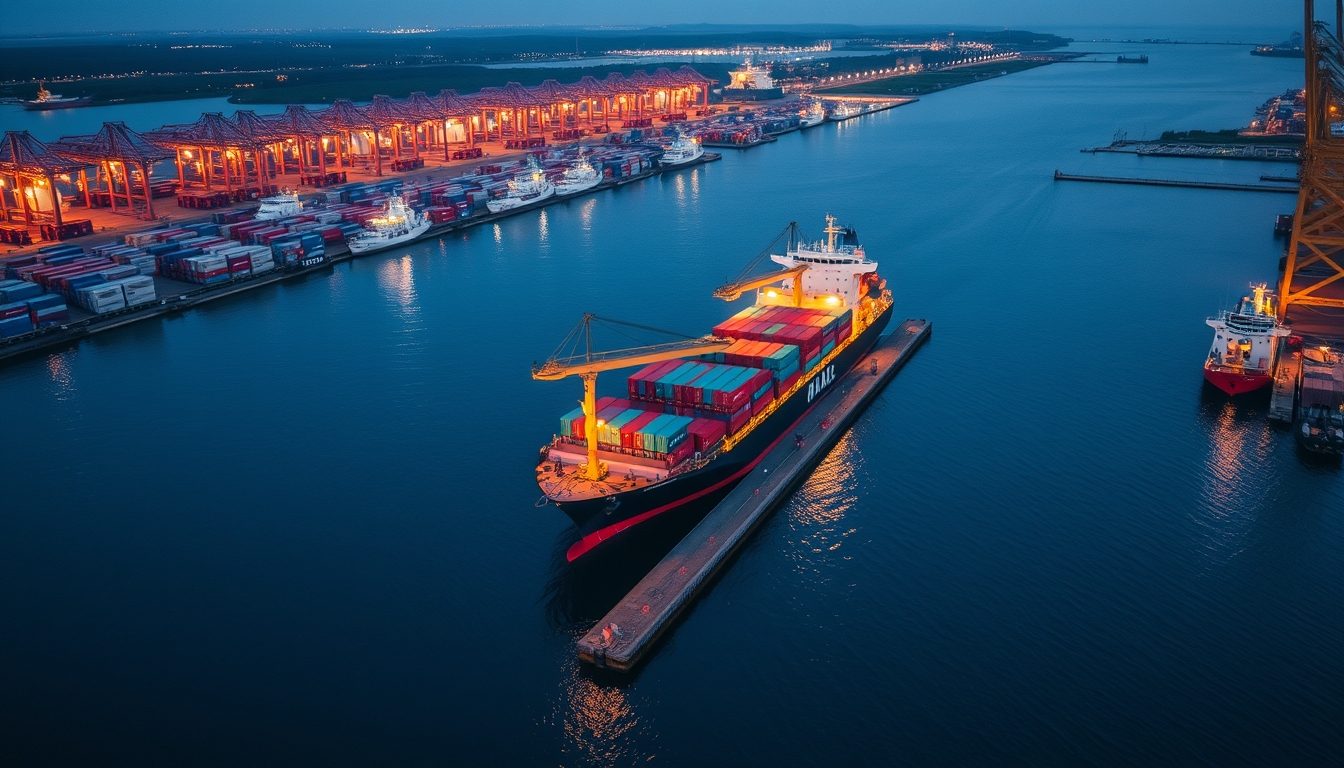 cargo ship docking in editorial style