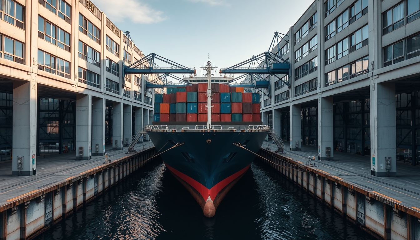 cargo ship docking in editorial style