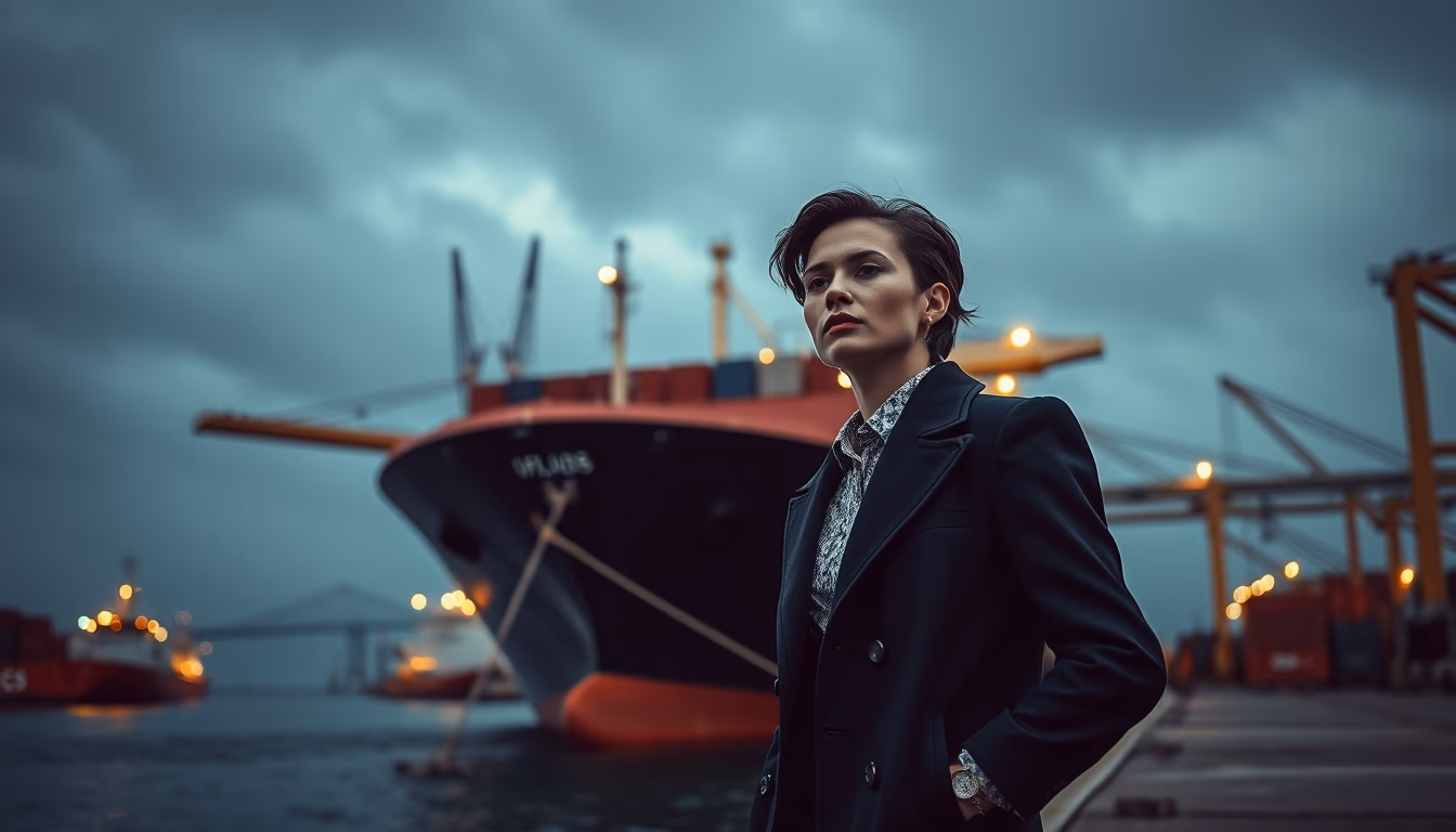 cargo ship docking in editorial style