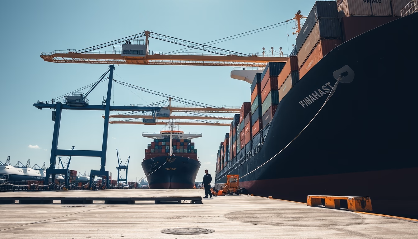 cargo ship docking in editorial style