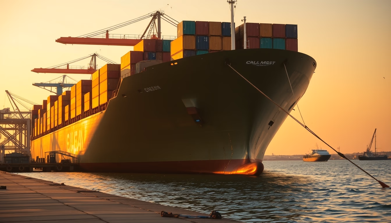 cargo ship docking in editorial style