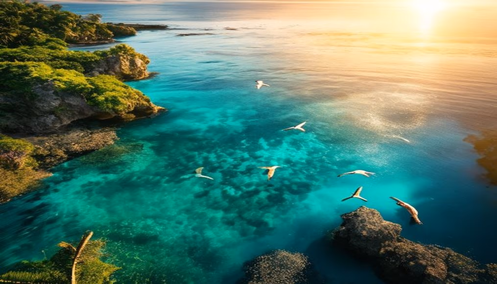 caribbean turquoise water bird eye in editorial style