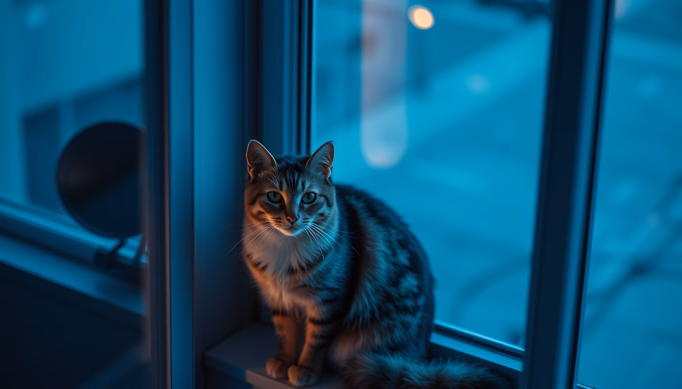 cat sitting in window light in editorial style