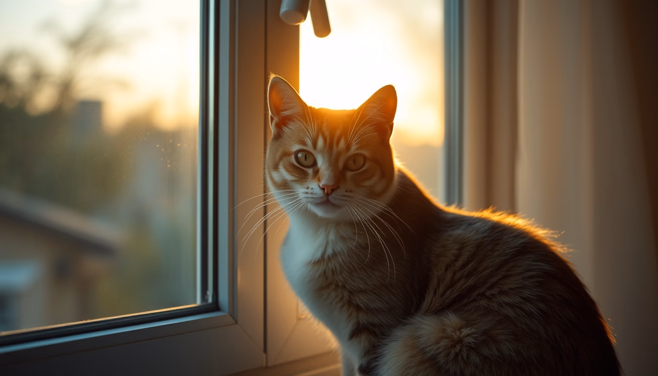 cat sitting in window light in editorial style