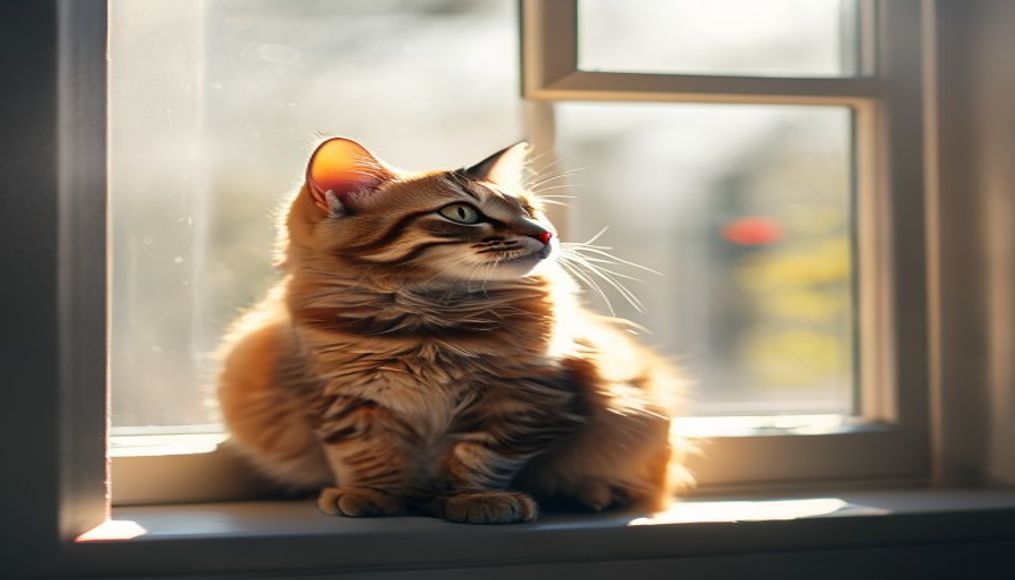 cat sitting in window light in editorial style