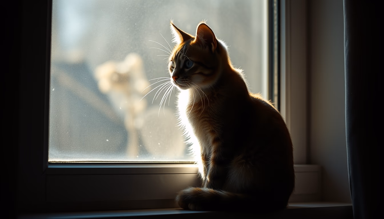 cat sitting in window light in editorial style