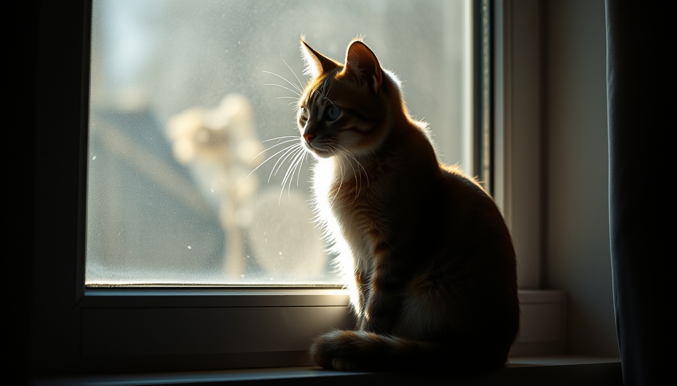 cat sitting in window light in editorial style