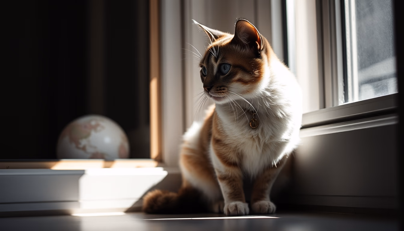 cat sitting in window light in editorial style