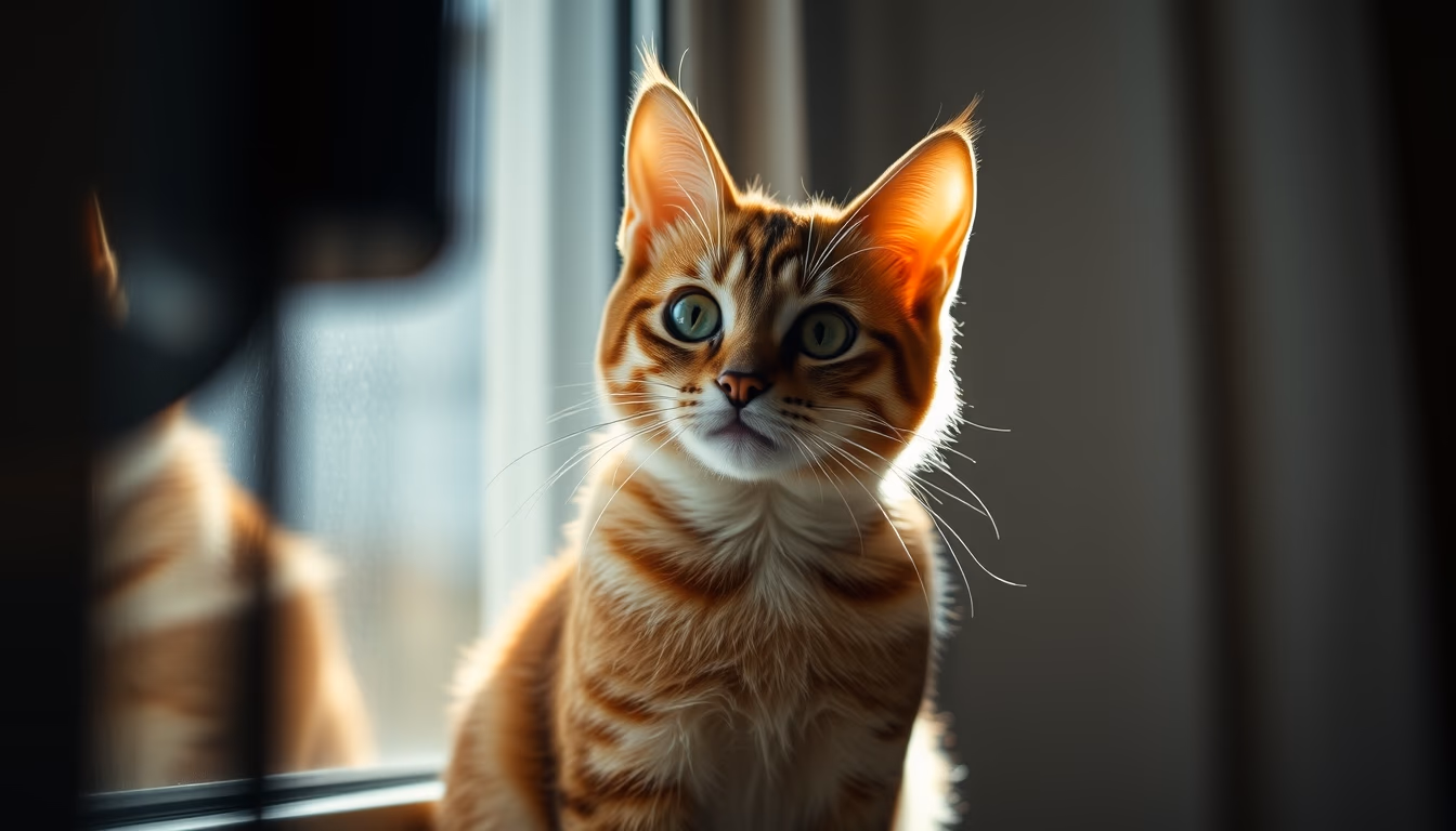 cat sitting in window light in editorial style