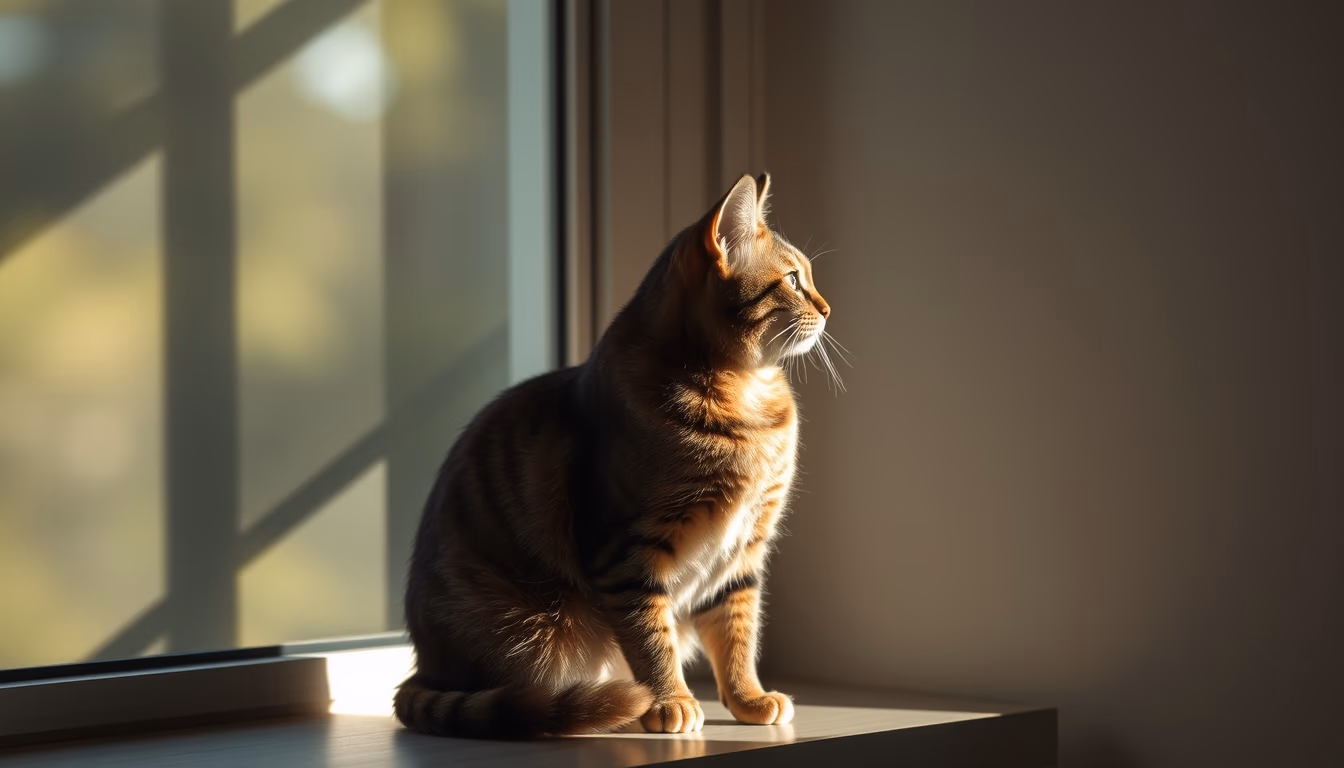 cat sitting in window light in editorial style