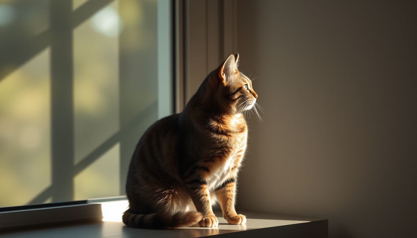 cat sitting in window light in editorial style