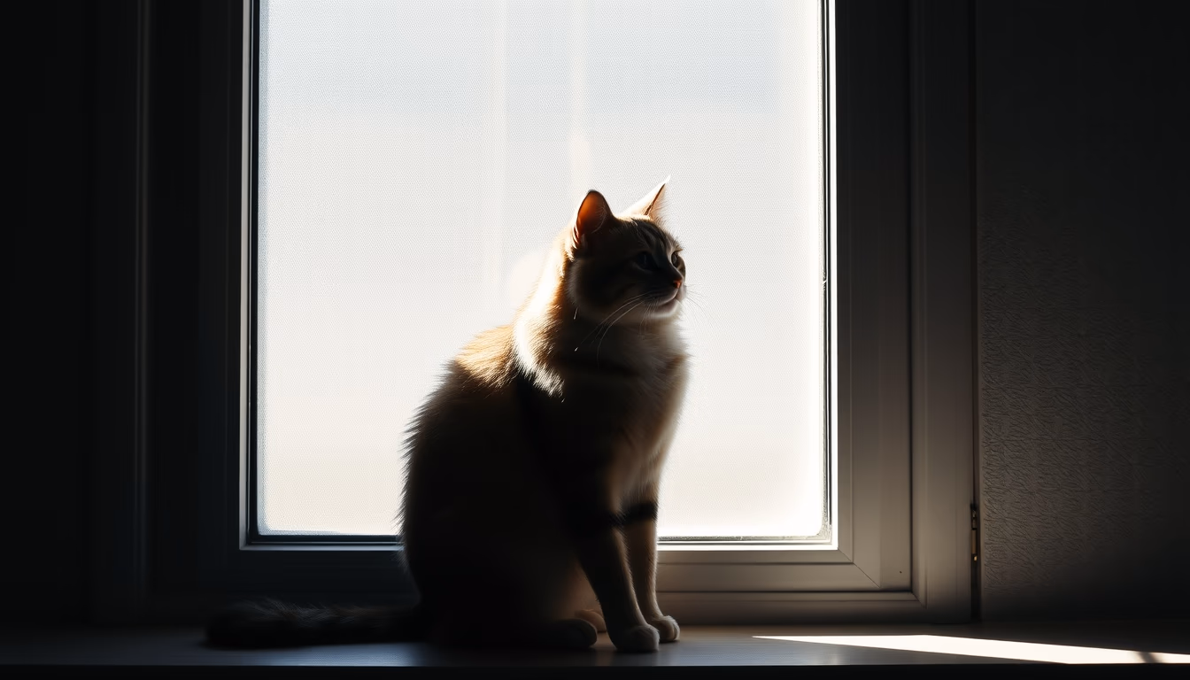 cat sitting in window light in editorial style