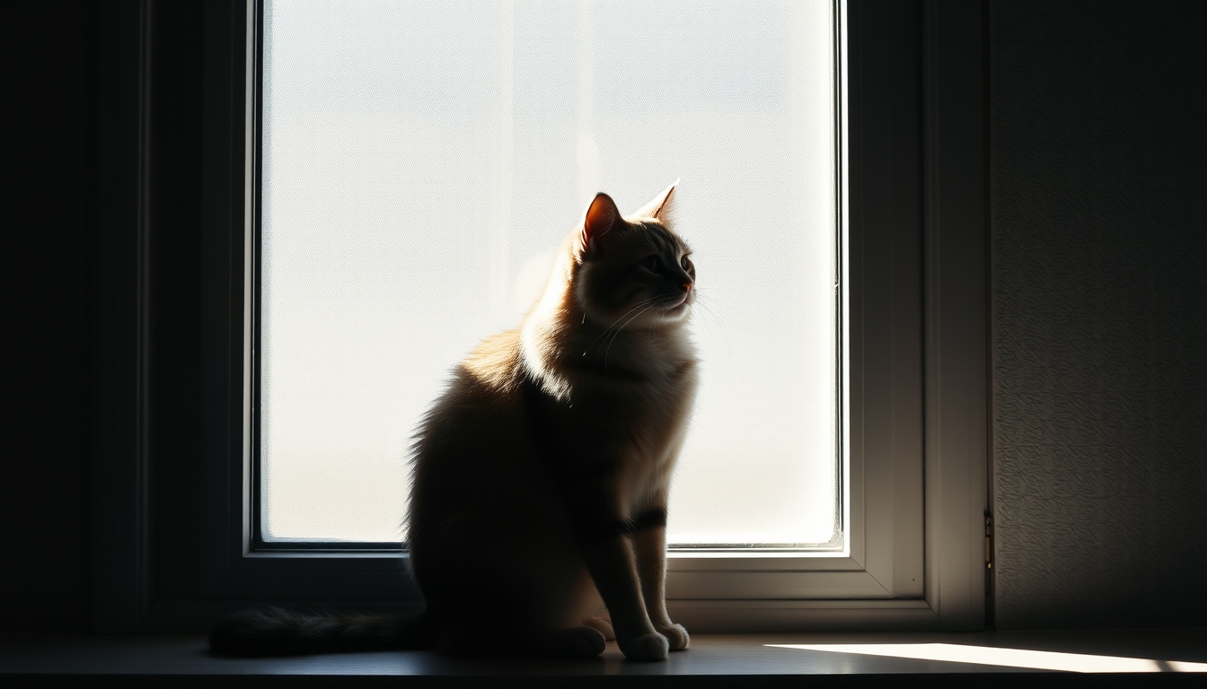 cat sitting in window light in editorial style