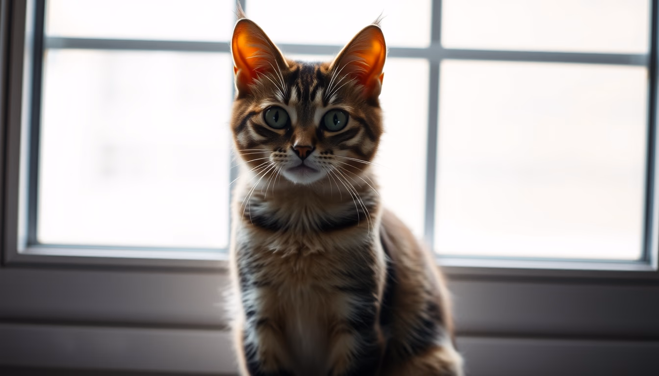 cat sitting in window light in editorial style