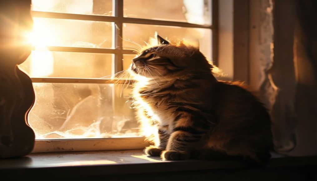 cat sitting in window light in editorial style