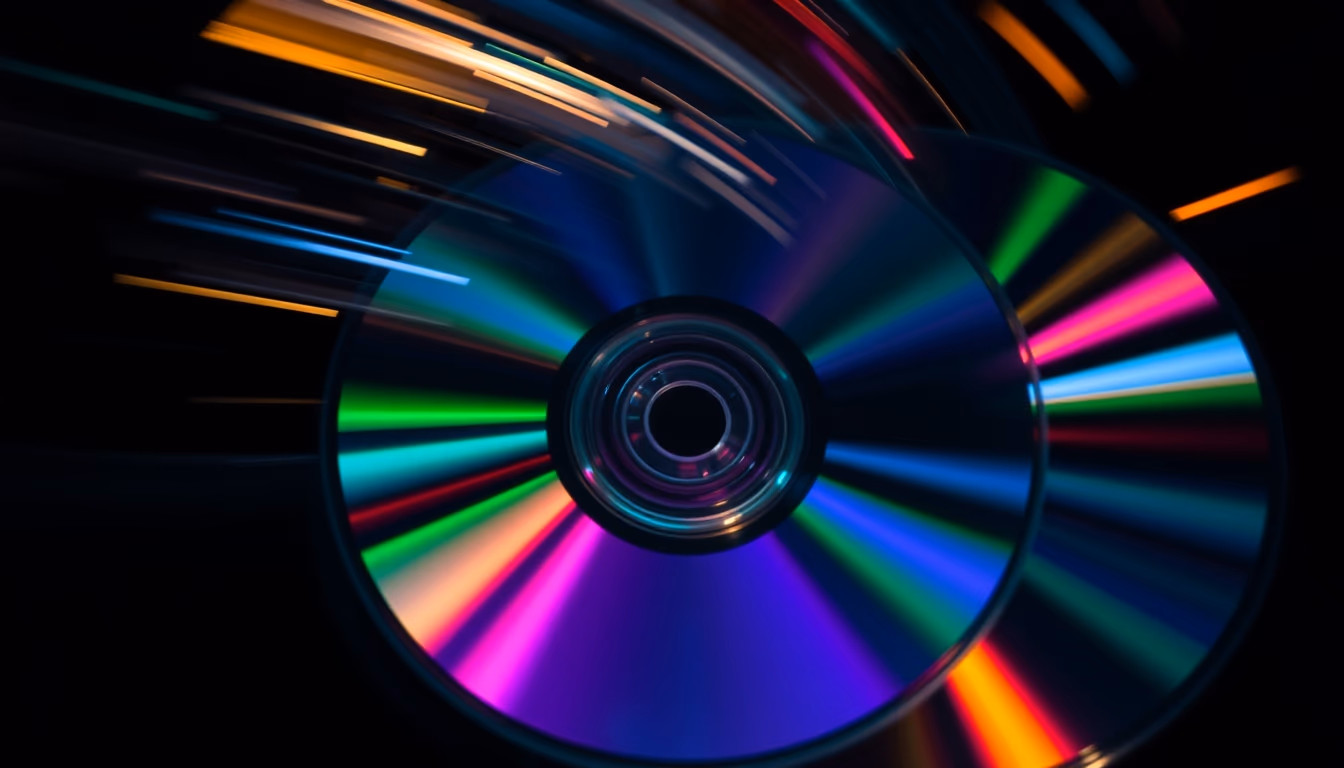 CD discs spinning artistic em estilo editorial