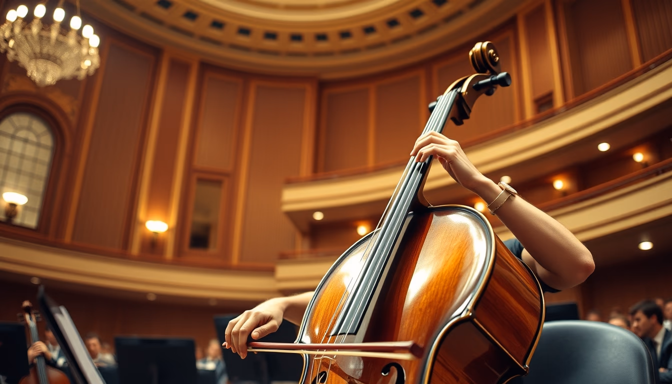 cello in concert hall in editorial style