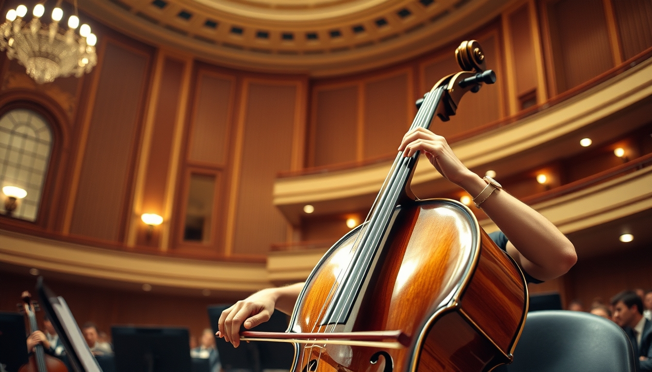 cello in concert hall in editorial style