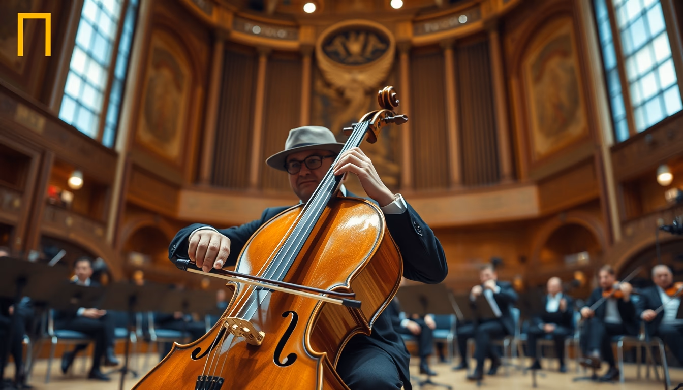 cello in concert hall in editorial style