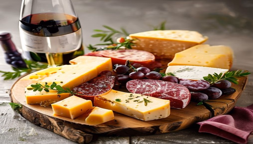 cheese board with wine pairing in editorial style
