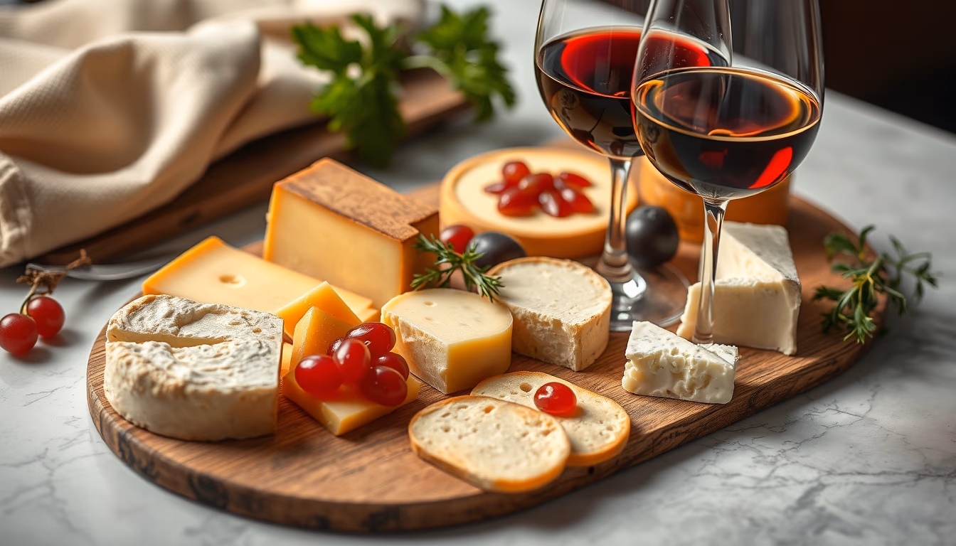 cheese board with wine pairing in editorial style