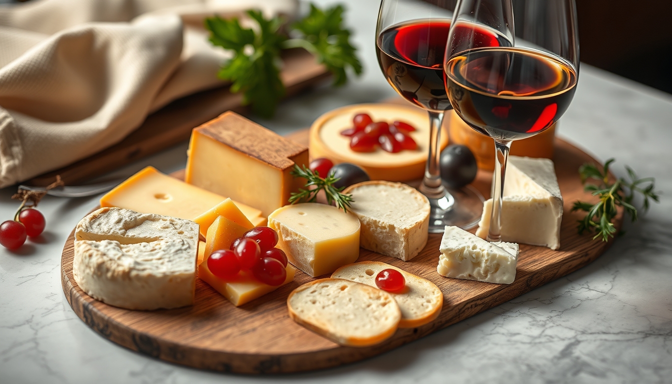 cheese board with wine pairing in editorial style
