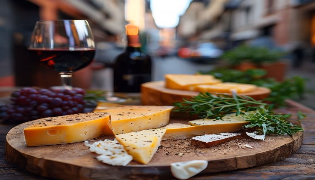 cheese board with wine pairing in editorial style