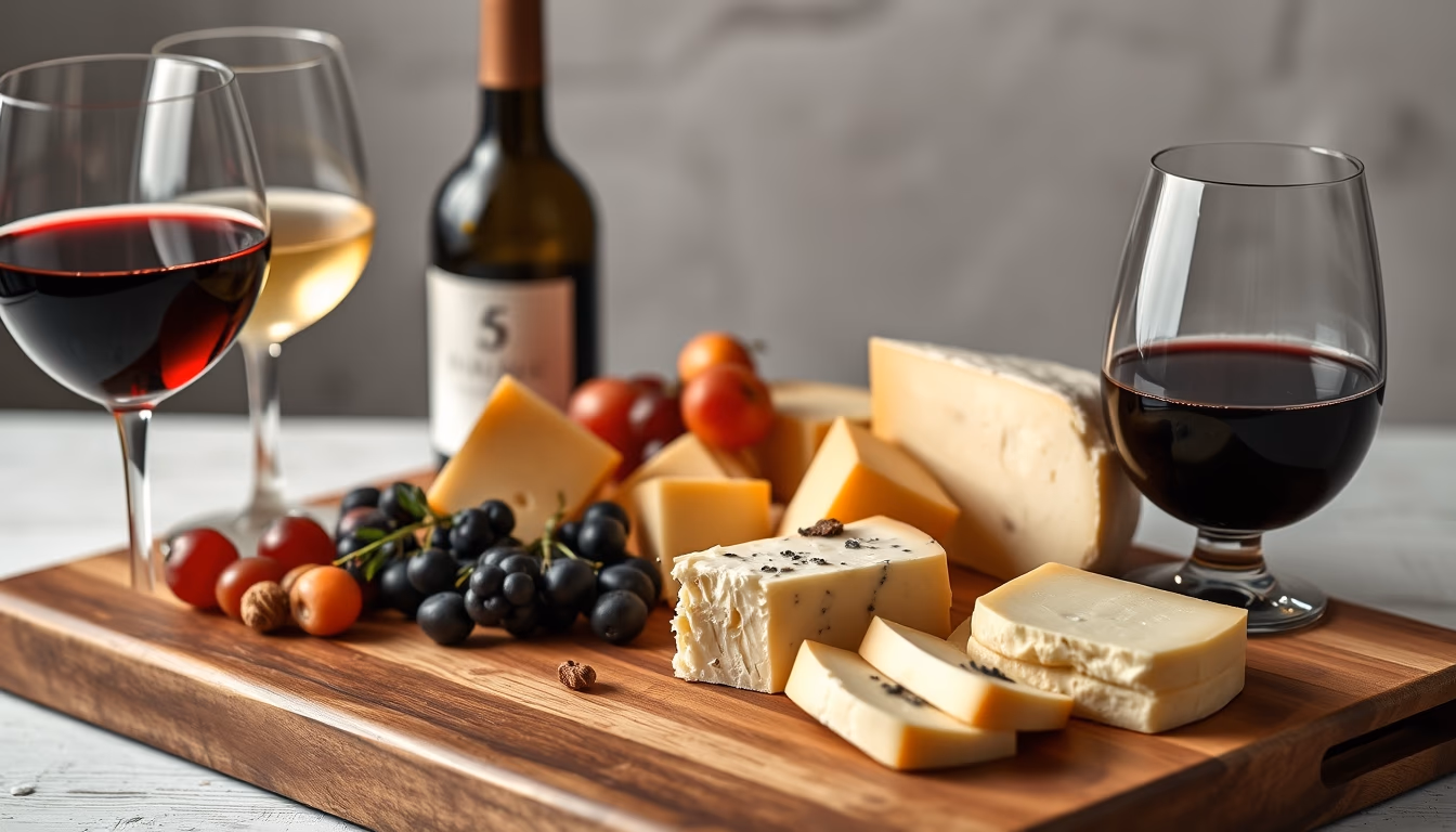 cheese board with wine pairing in editorial style