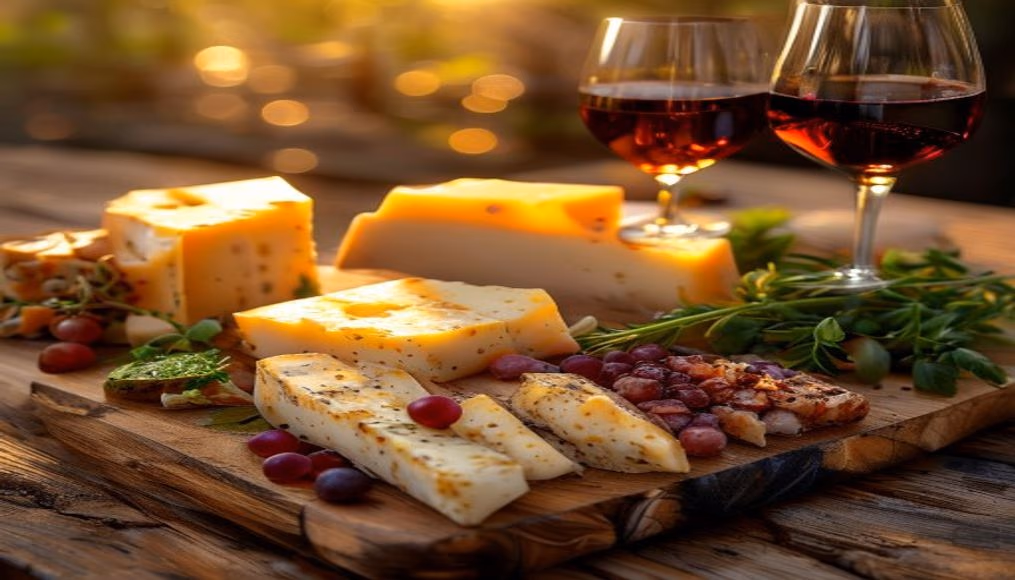 cheese board with wine pairing in editorial style