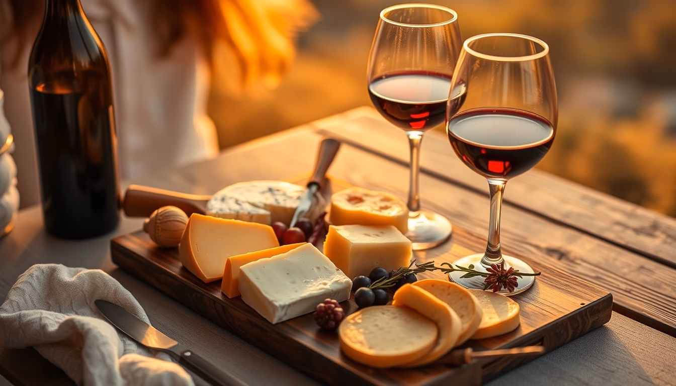 cheese board with wine pairing in editorial style