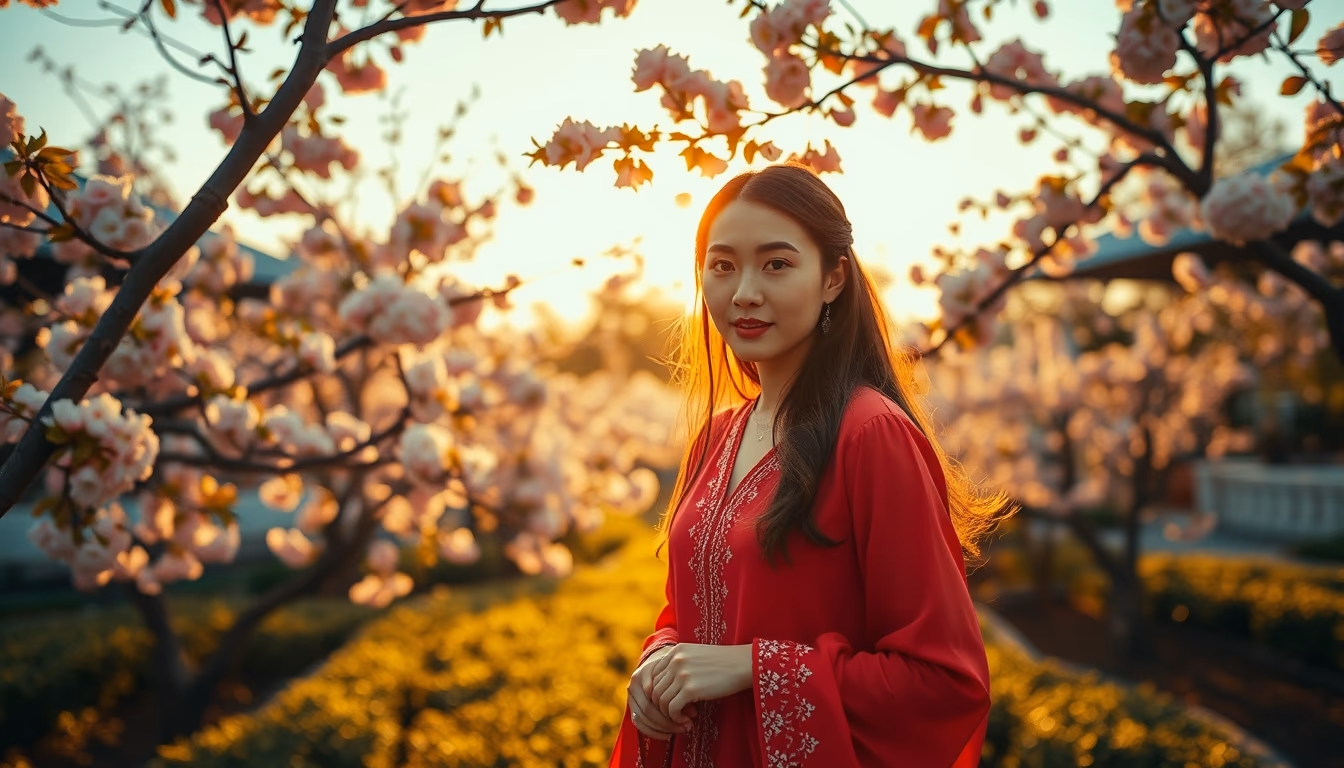 cherry blossom tea garden in editorial style