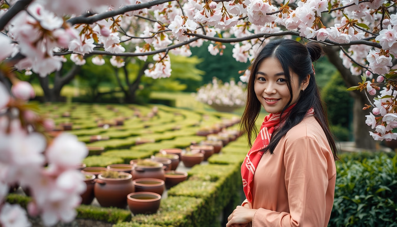 cherry blossom tea garden in editorial style