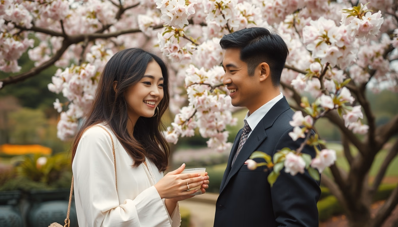 cherry blossom tea garden in editorial style