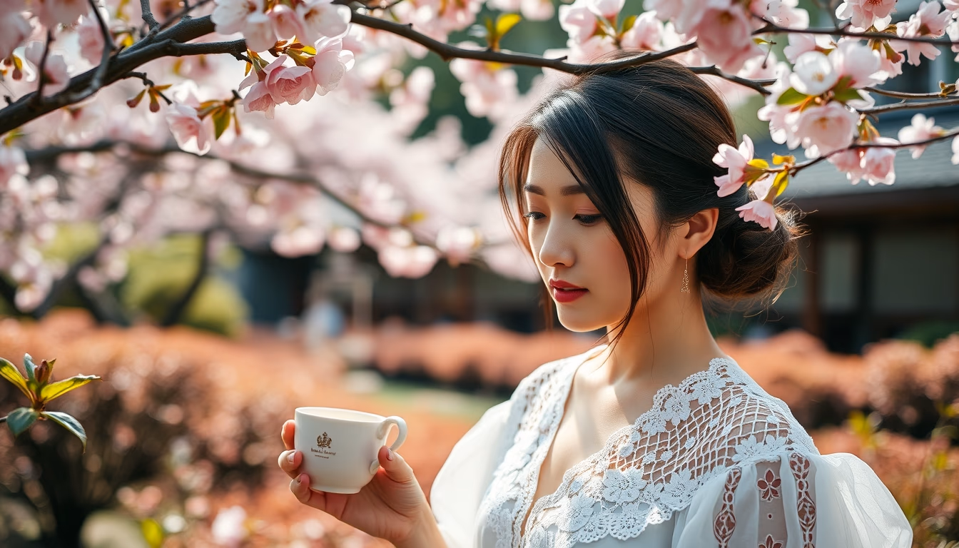 cherry blossom tea garden in editorial style