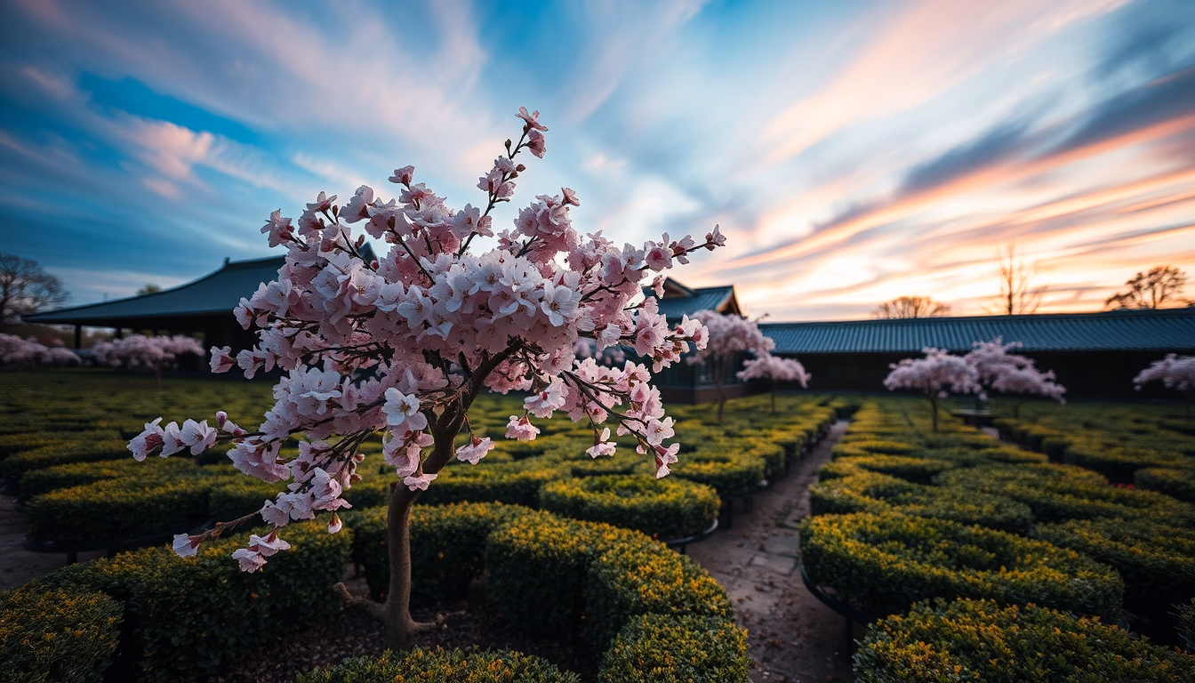 cherry blossom tea garden in editorial style