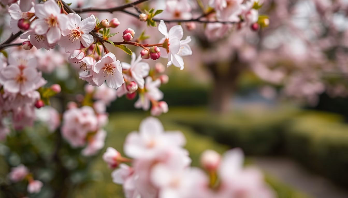 cherry blossom tea garden in editorial style