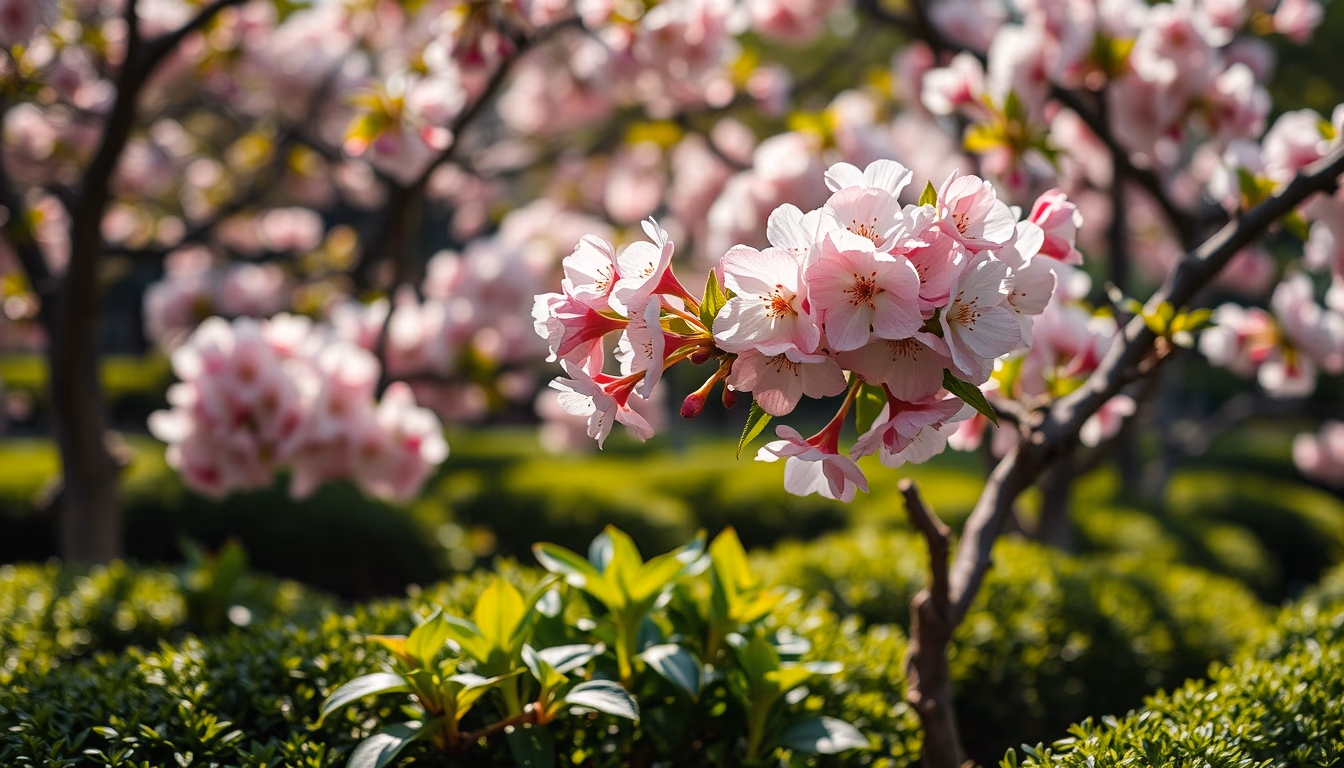cherry blossom tea garden in editorial style