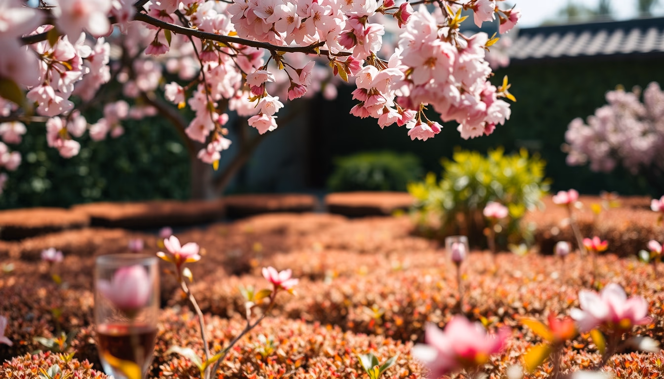 cherry blossom tea garden in editorial style