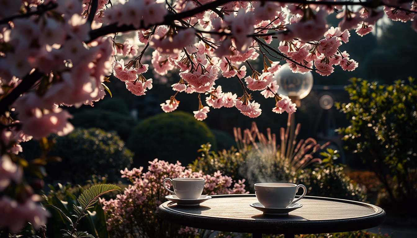 cherry blossom tea garden in editorial style