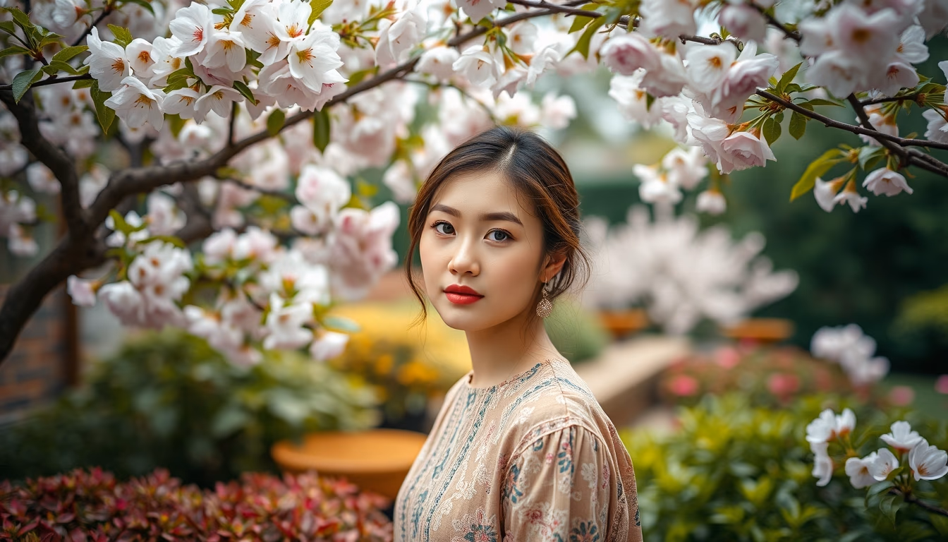 cherry blossom tea garden in editorial style