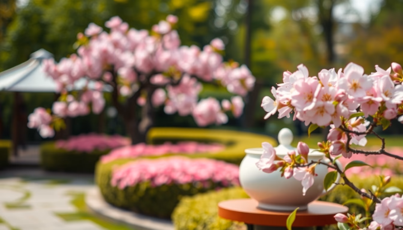 cherry blossom tea garden in editorial style