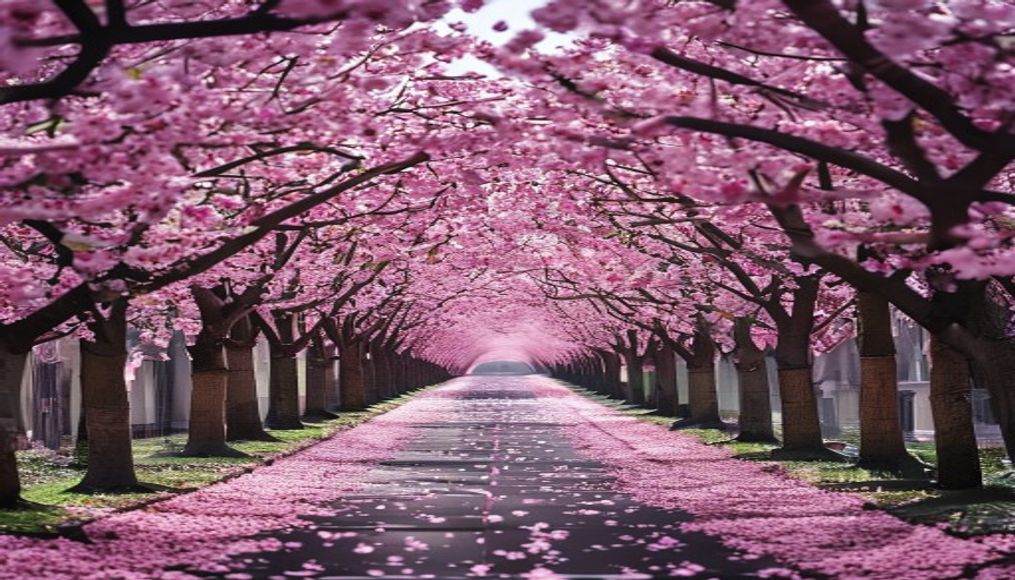 cherry blossom tunnel in editorial style