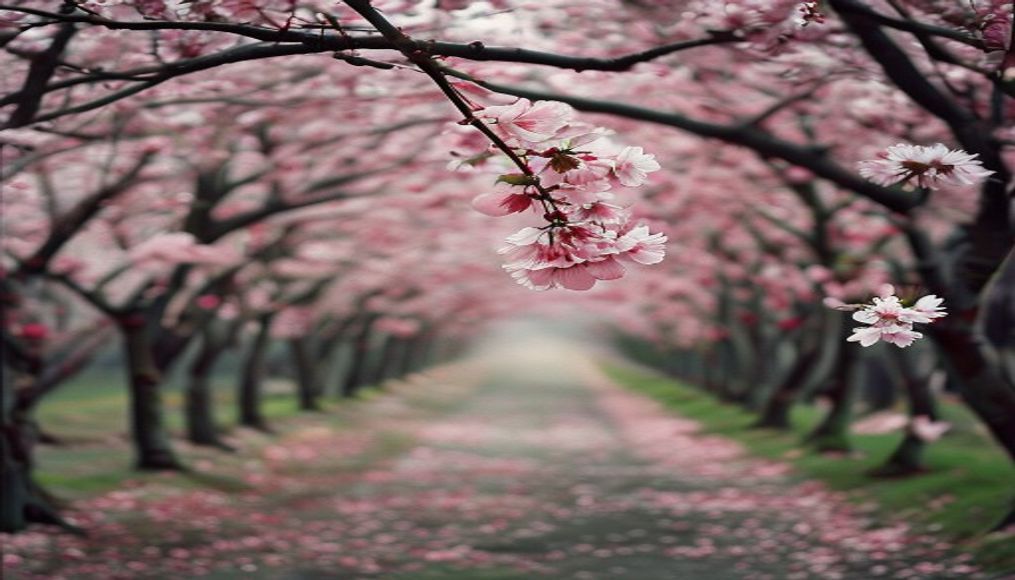 cherry blossom tunnel in editorial style