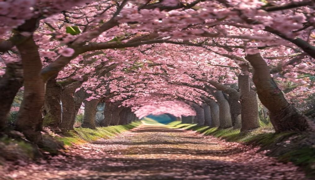 cherry blossom tunnel in editorial style