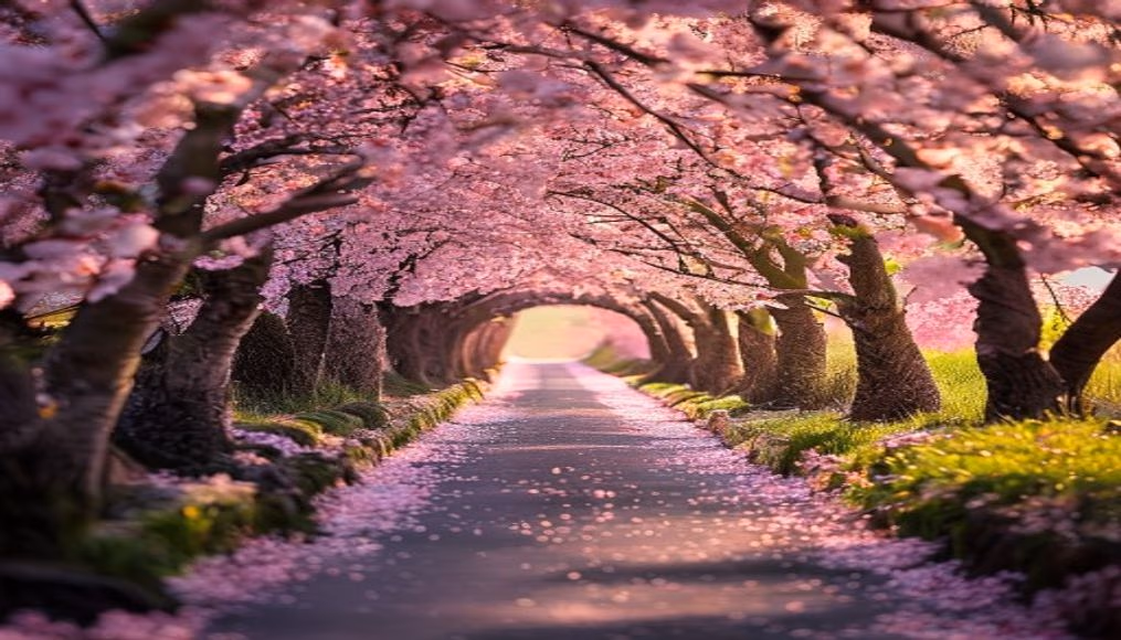 cherry blossom tunnel in editorial style