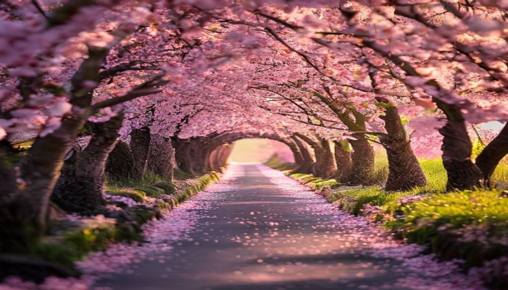 cherry blossom tunnel in editorial style