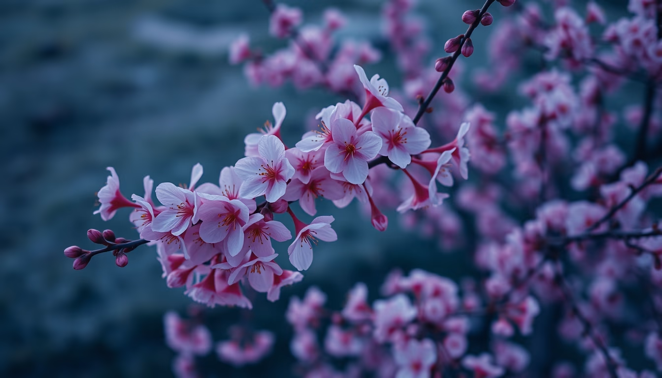 cherry blossoms in wind in editorial style